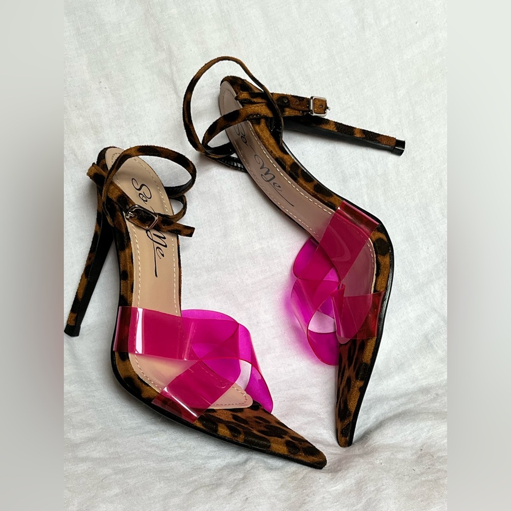 Leopard print and hot pink acrylic strappy stilettos.